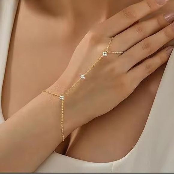 925 Sterling Silver Gold Plated Dainty Gold Hand Chain Bracelet - Picture 4 of 5